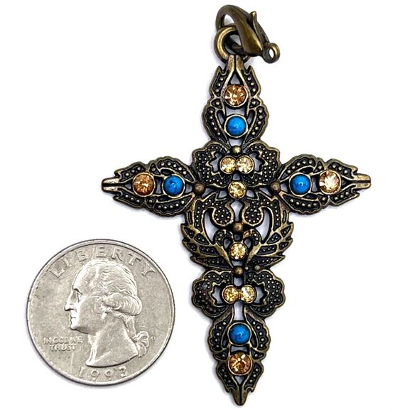 Bronze copper tone Ornate Cross Pendant with Blue turquoise Gold crystal Accents - Picture 8 of 8